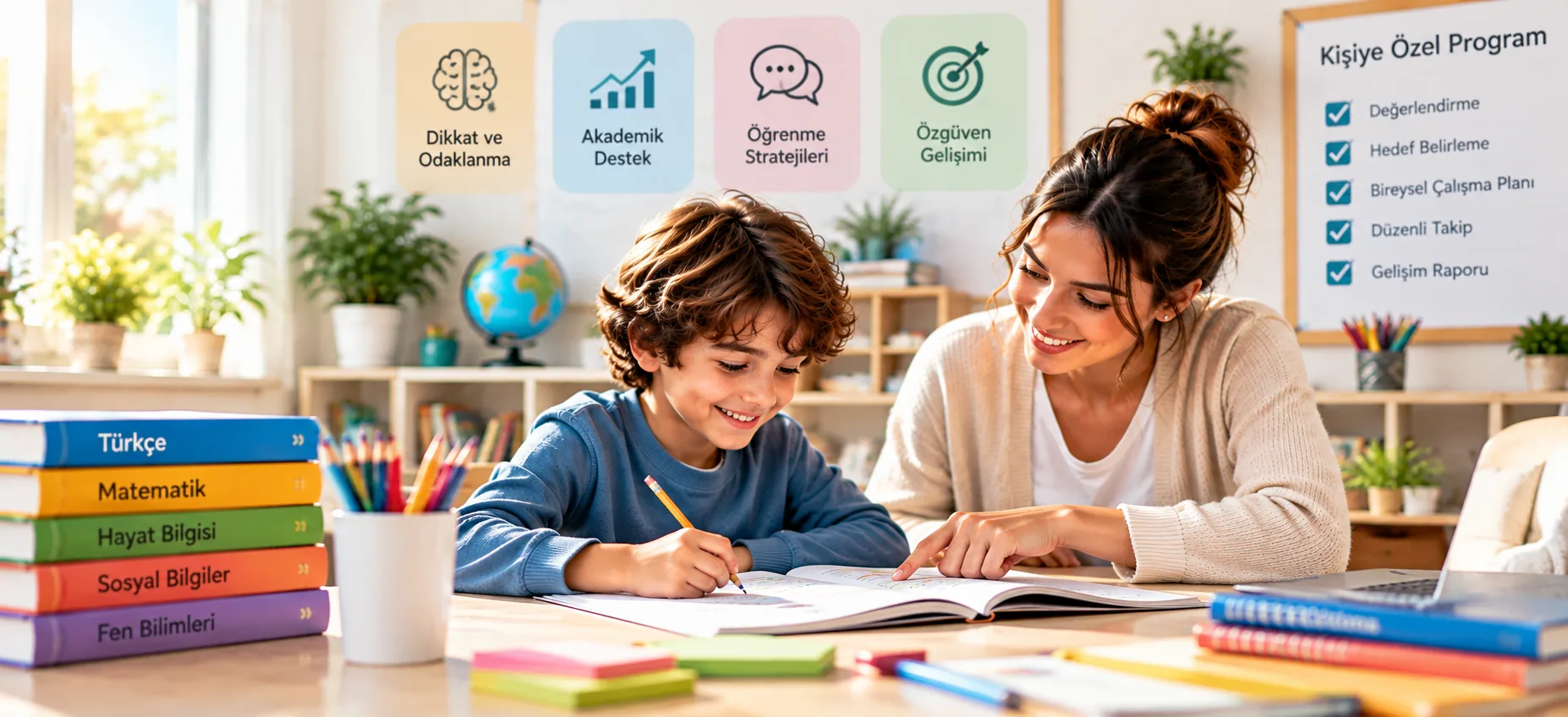 Öğretmeniyle bireysel öğrenme çalışması yapan ilkokul öğrencisi